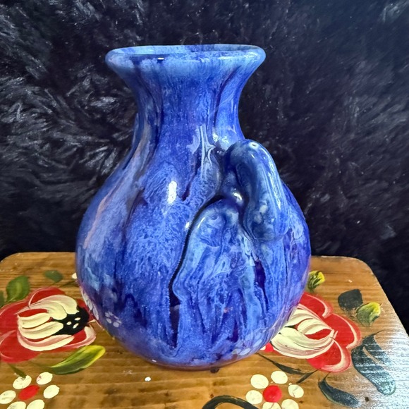 Signed McCoy 474 brush cobalt Blue Jardeniere Ceramic Swan Vase Handles Decor - Picture 5 of 7